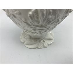 Pair of early/mid 19th century Copeland and Garrett white glazed pitchers, modelled in the Georgian style and moulded with the figures of Venus the Roman Goddess of Love, and Aurora the Roman Goddess of Dawn, within C scroll borders and foliate surround, the naturalistically modelled handle leading to a fruiting vine beneath the rim, upon a spreading base moulded with seashells, with printed green crowned wreath mark beneath, H20cm