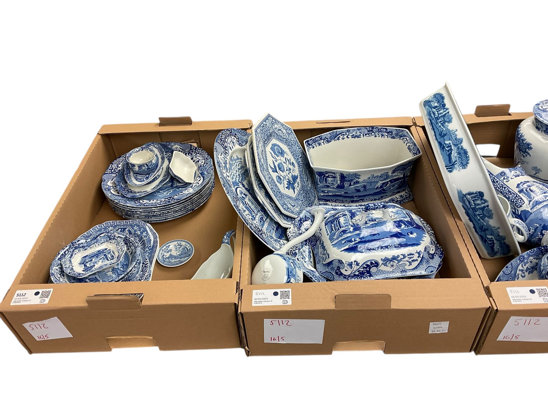 Large collection of Spode blue and white, mainly Italian pattern, including teapot, mugs,jugs, covered dishes etc in four boxes 