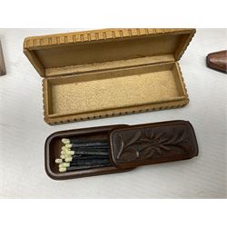 19th century snuff box in the form of a shoe with inlaid pinhead decoration, together with two snuff boxes in the form of clogs, Grindelwald vesta case and other treen vestas and boxes 
