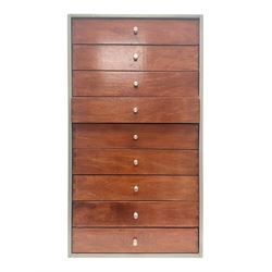 Tabletop chest with nine drawers, with Dinky toy and other die-cast model parts, drawers H62cm