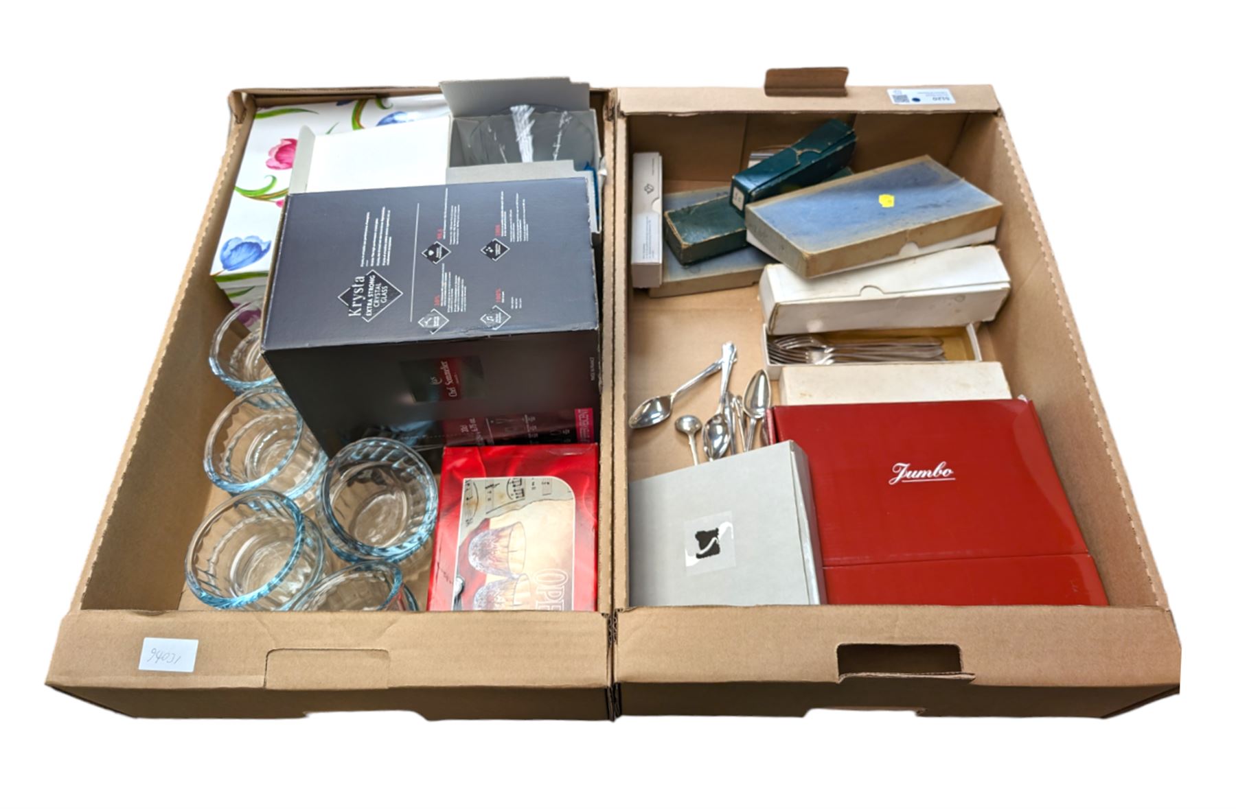 Orrefors glass vase, Walker & Hall silver plated flatware, together with three modern metal wine bottle stoppers, set of six Krysta glasses and other glassware and metal ware, in two boxes