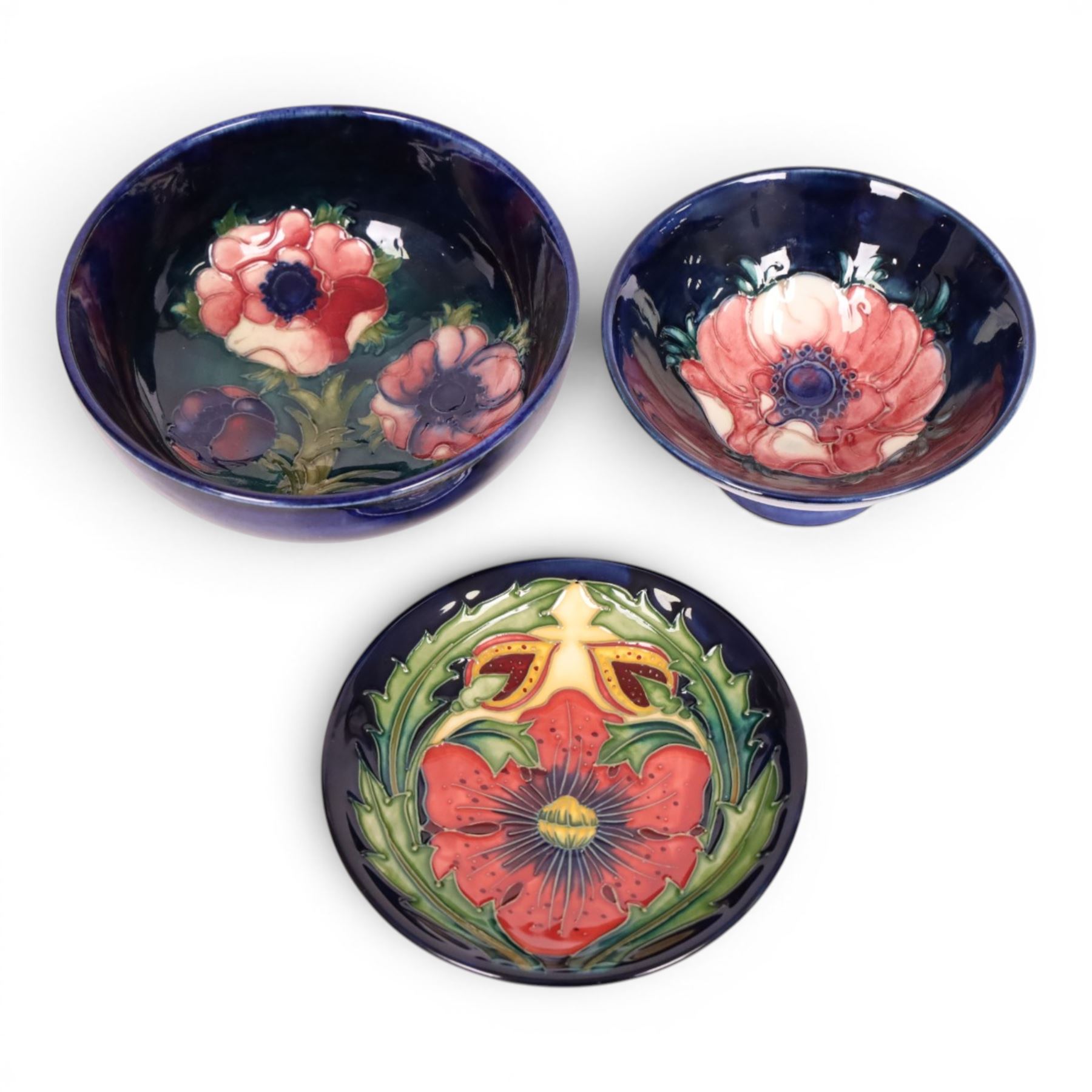 Two Moorcroft Amemnoe pattern bowls, together with a Anna Lily pattern dish, largest bowl D13cm
