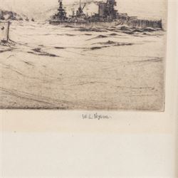 Rowland Langmaid (British 1897-1956): Newlyn and St Michael's Mount, etching signed in pencil 16cm x 30cm; Frank Henry Mason (Staithes Group 1875-1965):  Surrender of the German Fleet, etching 17.5cm x 35cm (2)
Notes: Original signature removed and wrongly attributed.