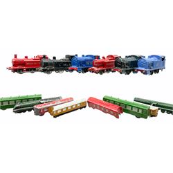 Dinky and other makers - die-cast LNER articulated train with blue locomotive and two coaches; two other die-cast three-car trains; goods train with locomotive and three wagons; six other locomotives; a tender and goods container; all unboxed (21)