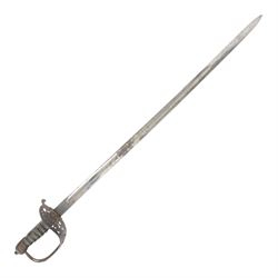 Edward VII 1887 Pattern Heavy Cavalry Officer's sword, 89cm single edge fullered etched blade, numbered 11017 to the back of the blade, decorative pierced guard, fishskin and wire handle, in a leather scabbard, overall L106cm 