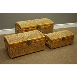  Set three graduating and nesting wicker and rattan chests, W77cm, H40cm, D46cm  