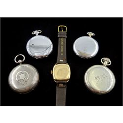 Victorian silver open face lever pocket watch, two white metal Cortebert pocket watches, one with issue mark BR (M) 20977 on the reverse, Limit pocket watch and an early 20th century gold-plated manual wind wristwatch (5)