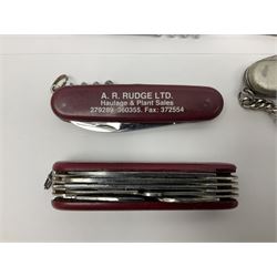 Fifteen folding/pocket knives including Swiss Army type knives with various number of blades, British army jack knife by J.H. Thompson Sheffield dated 1955 with broad arrow, promotional etc (15)