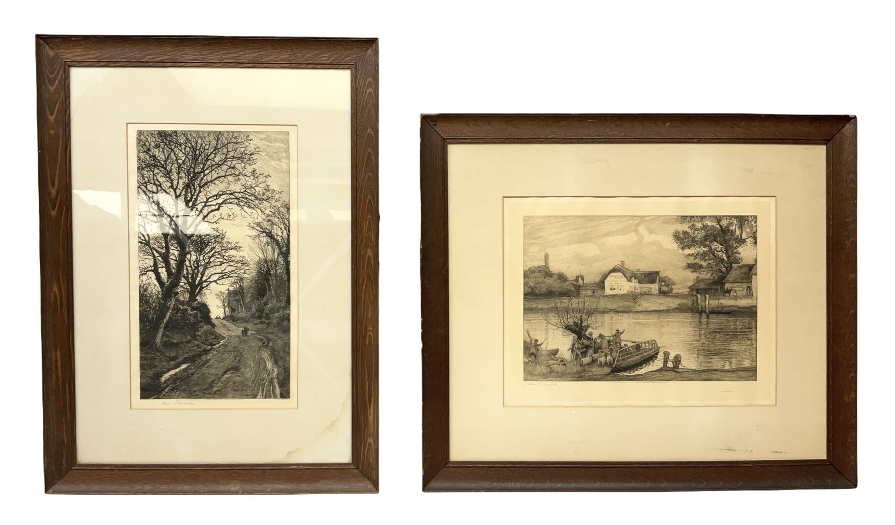 Robert Walker Macbeth (Scottish 1848-1910): 'The Ferry - Five Miles from Anywhere Pub' Upware Ely, etching signed in pencil; Fred Slocombe (British 1847-1920): Woodland path, etching signed in pencil, max 28cm x 40cm (2)