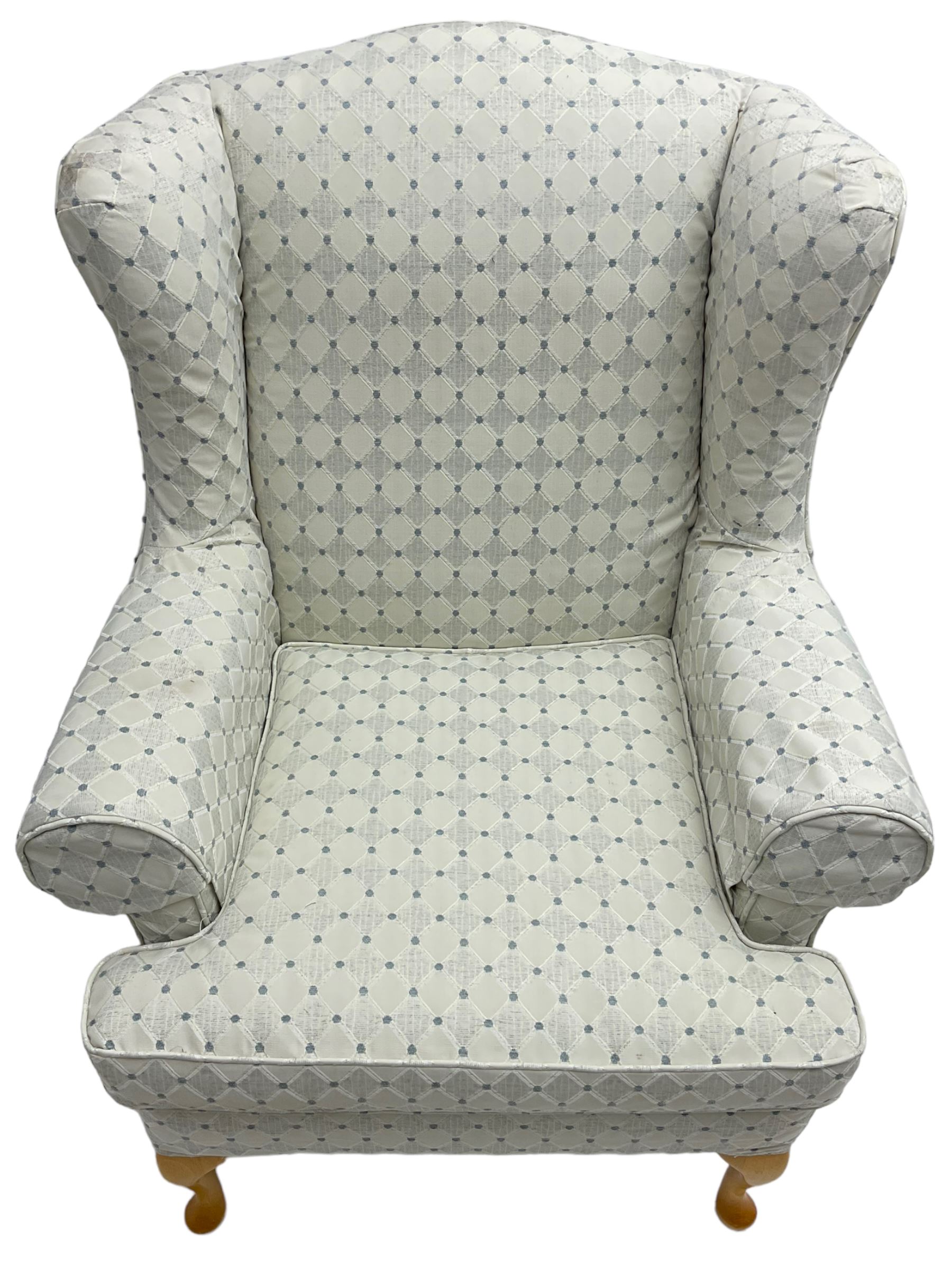 Multi-York - hardwood framed wingback armchair, upholstered pale blue lozenge pattern fabric, on light beech cabriole feet - 6 months old