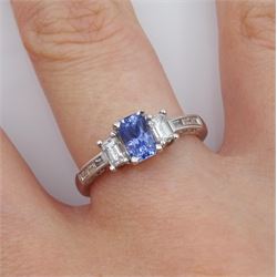 18ct white gold tanzanite and baguette diamond ring, with diamond set gallery and shoulders, tanzanite approx 0.60 carat