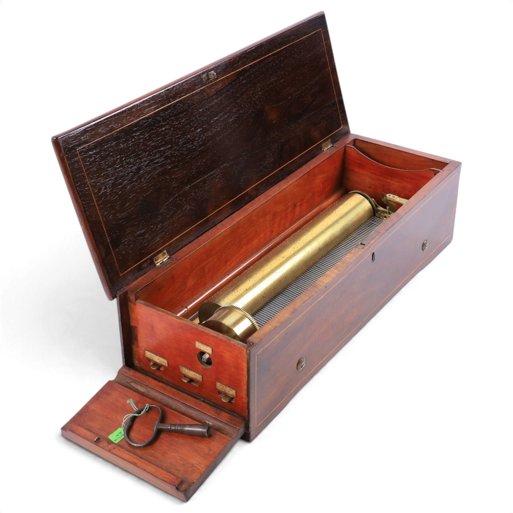 19th century Swiss rosewood music box, with boxwood foliate inlaid and strung rectangular top, with cylinder and comb movement stamped Henriot, Geneve, serial no. 14818, H13cm, W50cm