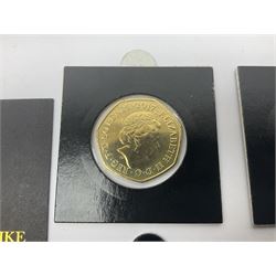 Four gold plated and coloured commemorative fifty pence coins, comprising 2017 Benjamin Bunny, Mr Jeremy Fisher, Tom Kitten and The Tale of Peter Rabbit, with Gold Strike certificate of authenticity