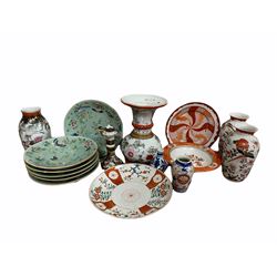 Set of six 19th century Celadon glazed plates, decorated with insects, birds and flowers, D19.5cm, together with 19th/early 20th century Japanese Kutani ceramics, and a Japanese porcelain candlestick, etc