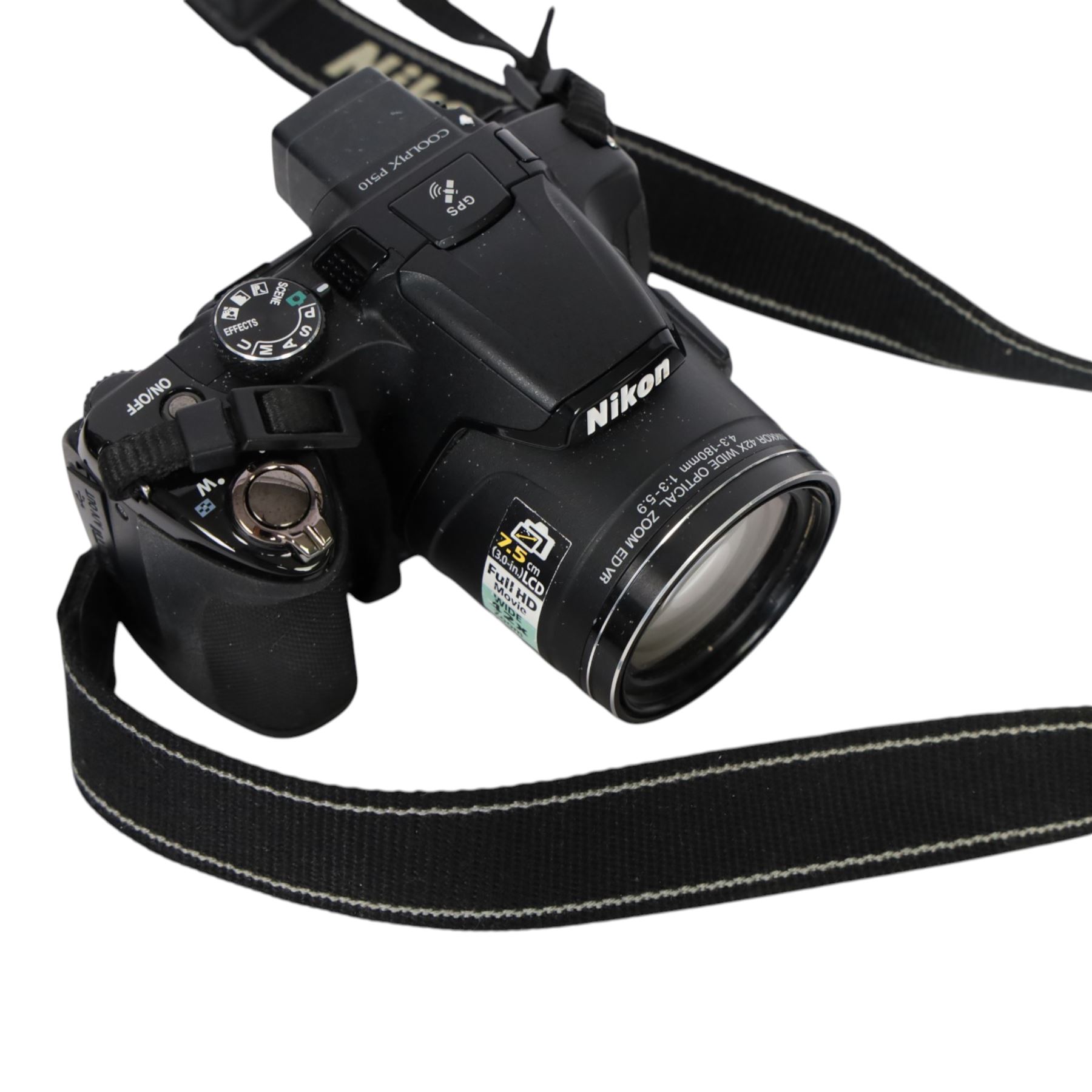 Nikon Coolpix P510 super zoom bridge camera with a Nikkor 42X wide angle optical zoom ED VR lens, serial no. 41163141, in a Lowepro case