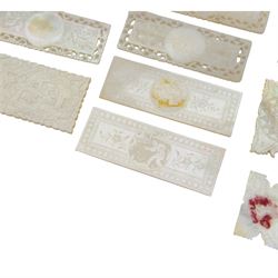 Chinese mother of pearl gaming tokens, of varying shape and design, including carved and engraved examples