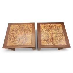 Mid-20th century ‘Long John’ teak nest of coffee tables, rectangular form with ceramic tile inset top, enclosing two smaller square tables with matching tile decoration