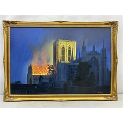 W Hague (British Contemporary): The York Minster Fire of 1984, oil on canvas signed 60cm x 90cm
