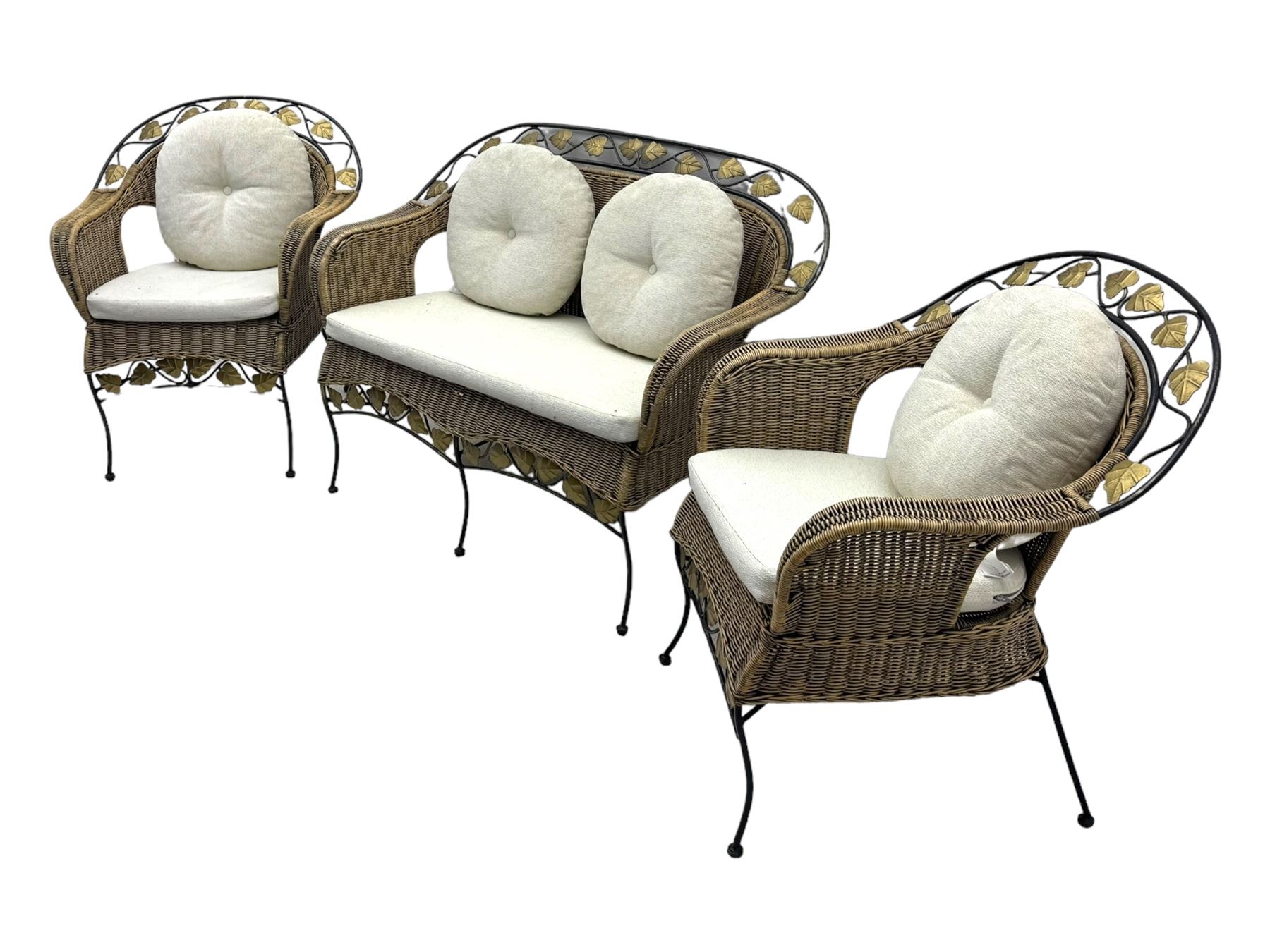 Late 20th century three-piece garden suite, wicker construction and wrought iron frame, decorated with cast metal leaf motifs, cream seat cushions and round back cushions