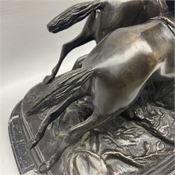 After E Loiscay, bronzed figure group, modelled as two race horses, signed E Loiscay, upon a stepped marble plinth, overall H28cm