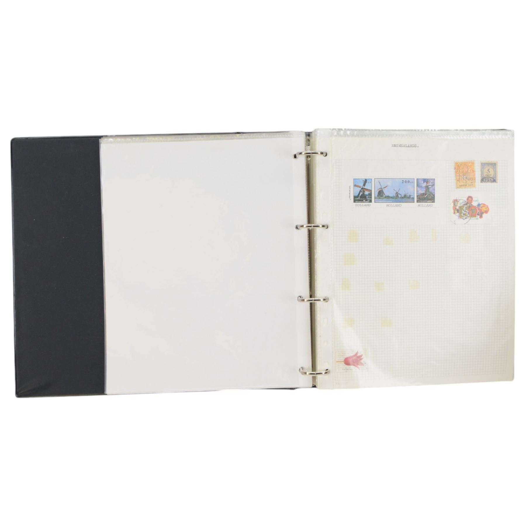 World stamps including Aden, Brunei, Rwanda, Spain, Ireland, Italy, Japan, Hungary, Germany, France, Portugal, Namibia, Netherlands, New Zealand, St Lucia, Malaysia etc, housed in ten ring binder folders
