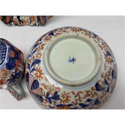 Two Japanese Imari bowls, together with Imari dish with scalloped edge and jug, largest bowl, H12cm