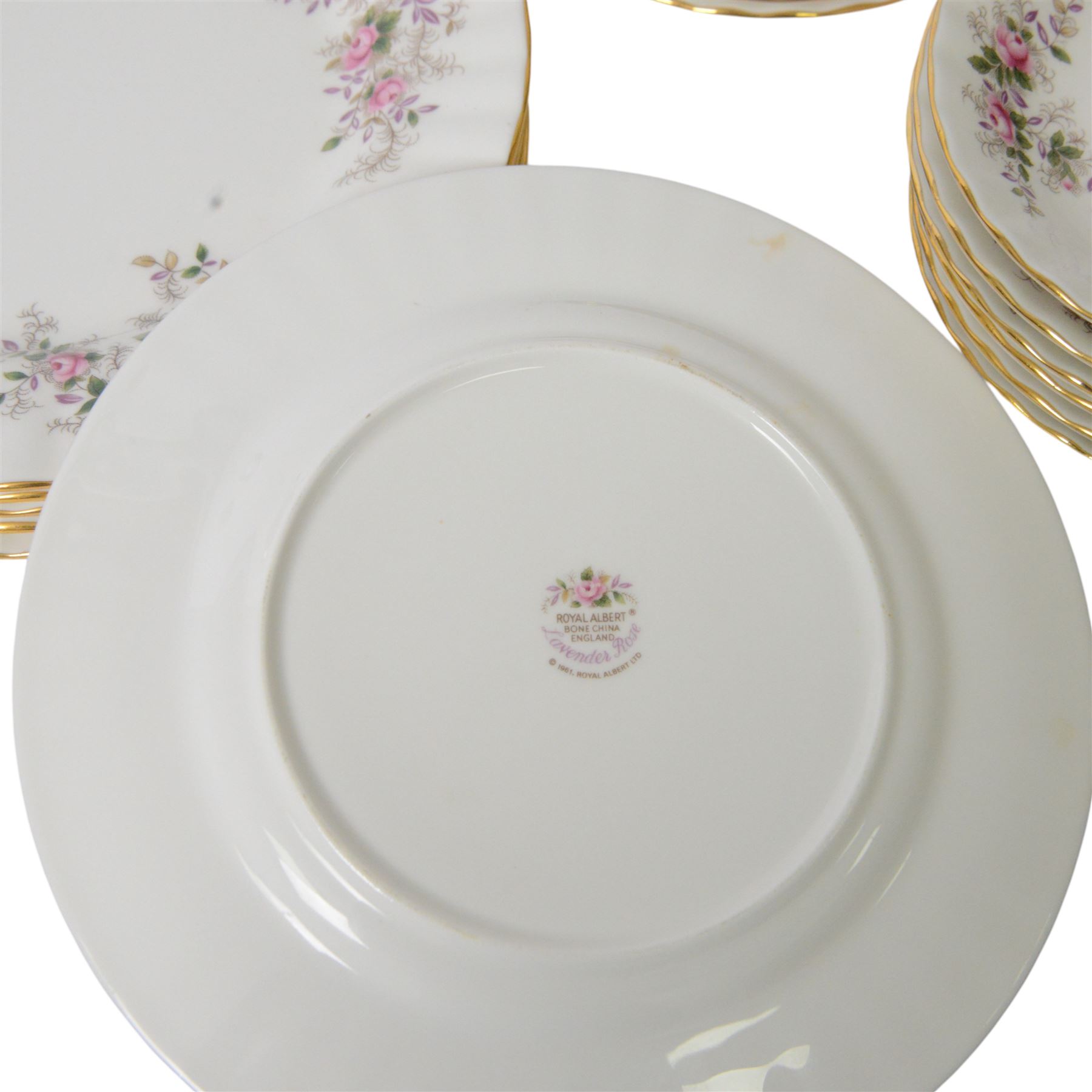 Royal Albert Lavender Rose pattern tea service for six including teapot, jug, open sucrier, teacups and saucers, side plates, dinner plates etc  