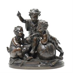 After Louis Valentine Elias Robert (French 1821-1874); pair of 19th century allegorical bronze groups, modelled as putti learning about the arts and sciences, bearing signature to the plinth, H17cm (2)