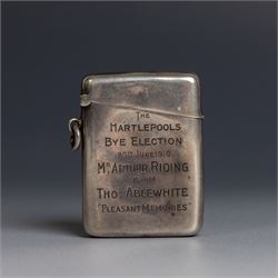 Edwardian silver vesta case, with presentation engraving reading 'The Hartlepools Bye Elec...