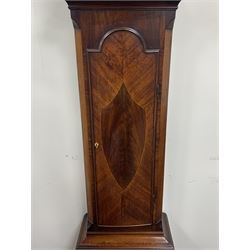 Early 19th century mahogany Hull longcase clock, pagoda top hood with finials, stepped arched glazed door flanked by fluted pilasters with gilt metal Corinthian capitals, stepped arch and moulded trunk door with shield shaped figured inlaid panel, figured base with satinwood banding, on bracket feet, enamel moon-phase dial signed 'High Water at Hull... Rd Northern, Hull', chequered spandrels, Roman chapter ring with subsidiary seconds and calendar dials, eight day movement striking on bell, H244cm