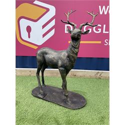 Bronzed cast iron life-size garden or indoor Stag, oval plinth base - THIS LOT IS TO BE CO...
