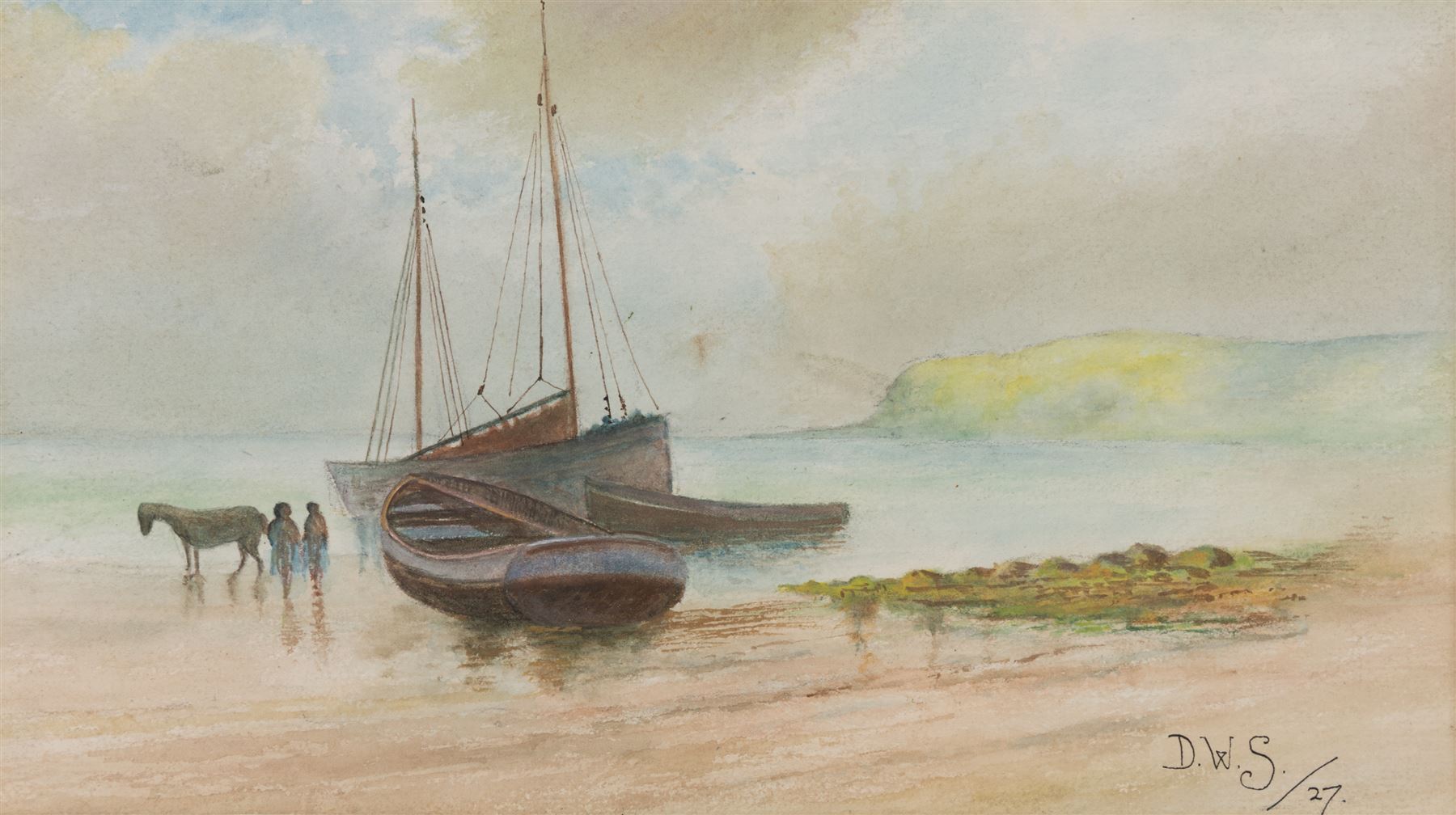R Livingstone (English School 20th Century): Jockey on Horseback - potentially Lester Piggott, oil on wood panel signed; S Sparke (British 20th century): Roseberry Topping, pair of watercolours signed, one dated '84, and D W S (English School 20th Century): Boats Washed Up on the Beach, pair of watercolours signed with initials and dated '27, max 20cm x 45cm (5)