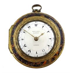 George III gilt metal, triple cased verge fusee pocket watch, for the Turkish market by Benjamin Barber, London, No. 6187, tulip pillars, pierced and engraved balance cock decorated with a classical urn, white enamel dial with Turkish numerals, the outer tortoiseshell case, with pique work borders