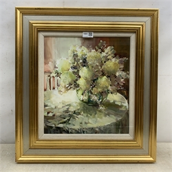 Continental School (20th century): Still Life with Peonies in a Vase, oil on board indistinctly signed Wolkir? 35cm x 31cm