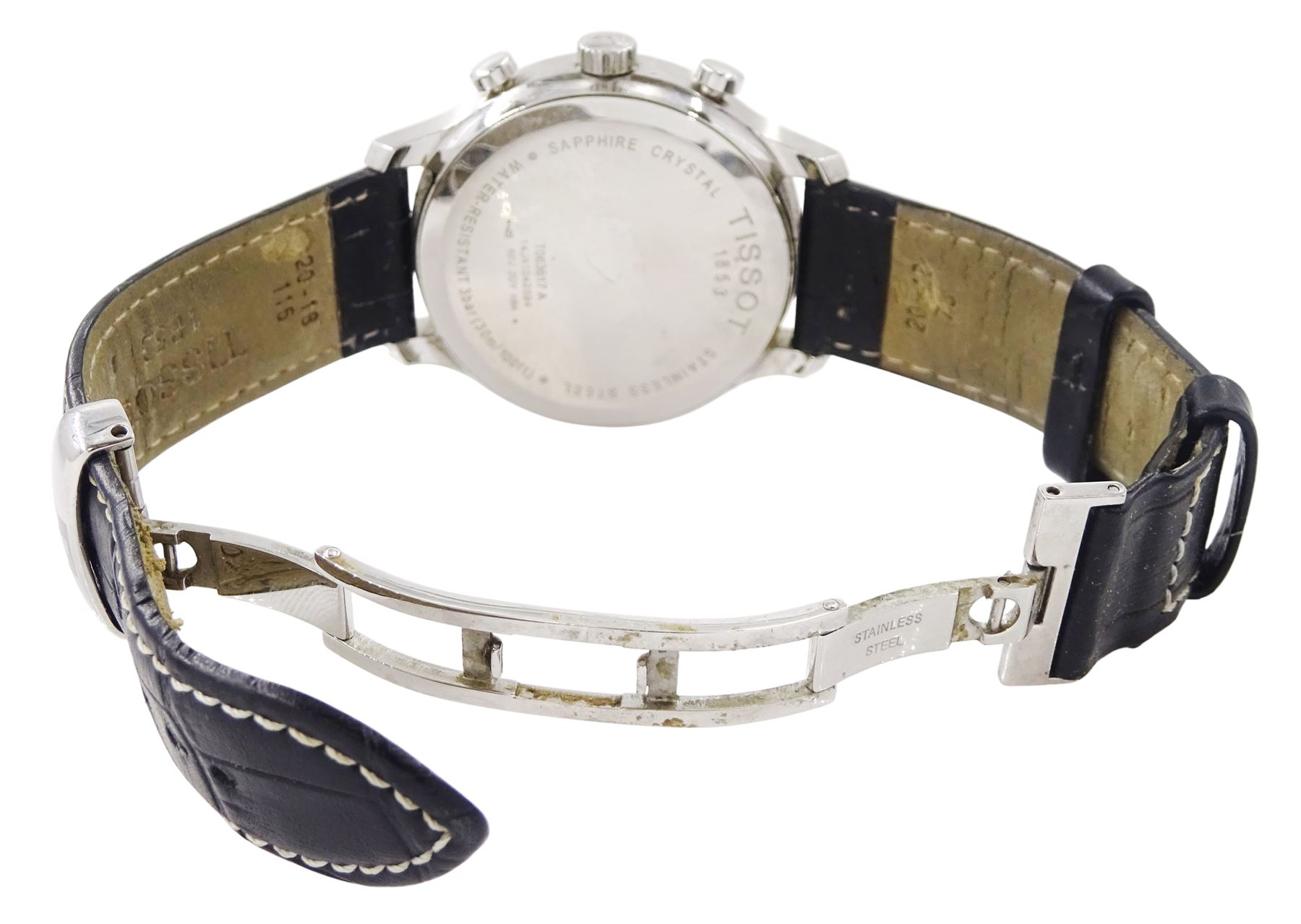 Tissot Traditional gentleman's stainless steel chronograph quartz wristwatch, Ref. T063617A, black dial with dagger hour markers and date aperture, on black leather strap with stainless steel fold-over clasp, boxed with warranty card dated 2016