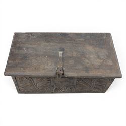 18th century small oak box with carved front, iron strap latch and hinges, fitted candlebox