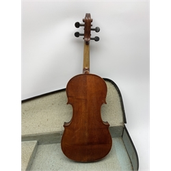 1920s German violin for completion with 36cm two-piece maple back and ribs and spruce top, lacks tailpiece, bridge and strings, 59cm overall, in carrying case