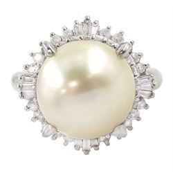 Platinum single stone cultured pearl and diamond cluster ring, stamped, total diamond weight approx 0.50 carat
