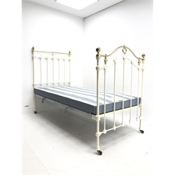 Victorian style cream metal and brass single bedstead with box base