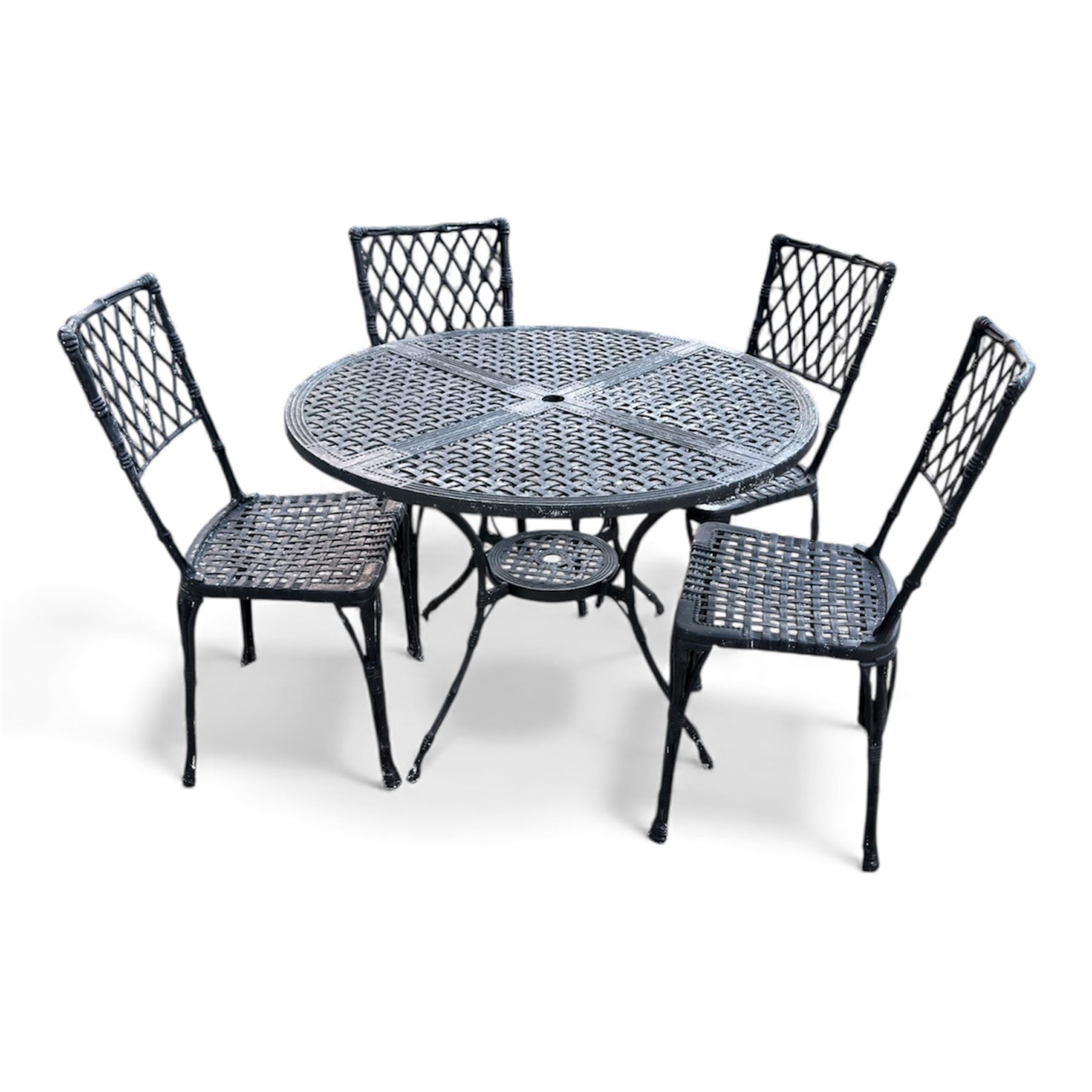 Cast aluminium garden table and chairs in a black finish
