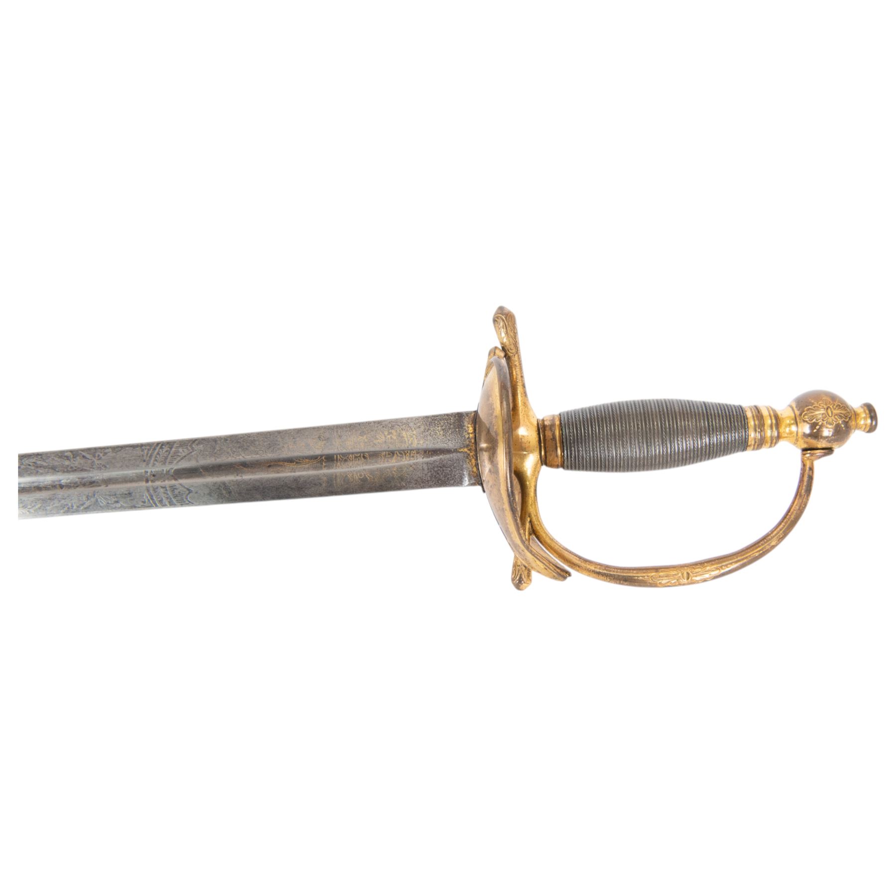 British heavy cavalry officer's sword, 1796 pattern by Thomas Osborn, the 82cm straight double edged blade with central fuller engraved to both sides, with gilded brass boat shaped guard, grip of silver foil over wooden former, within a steel scabbard with twin suspension rings, overall L106cm