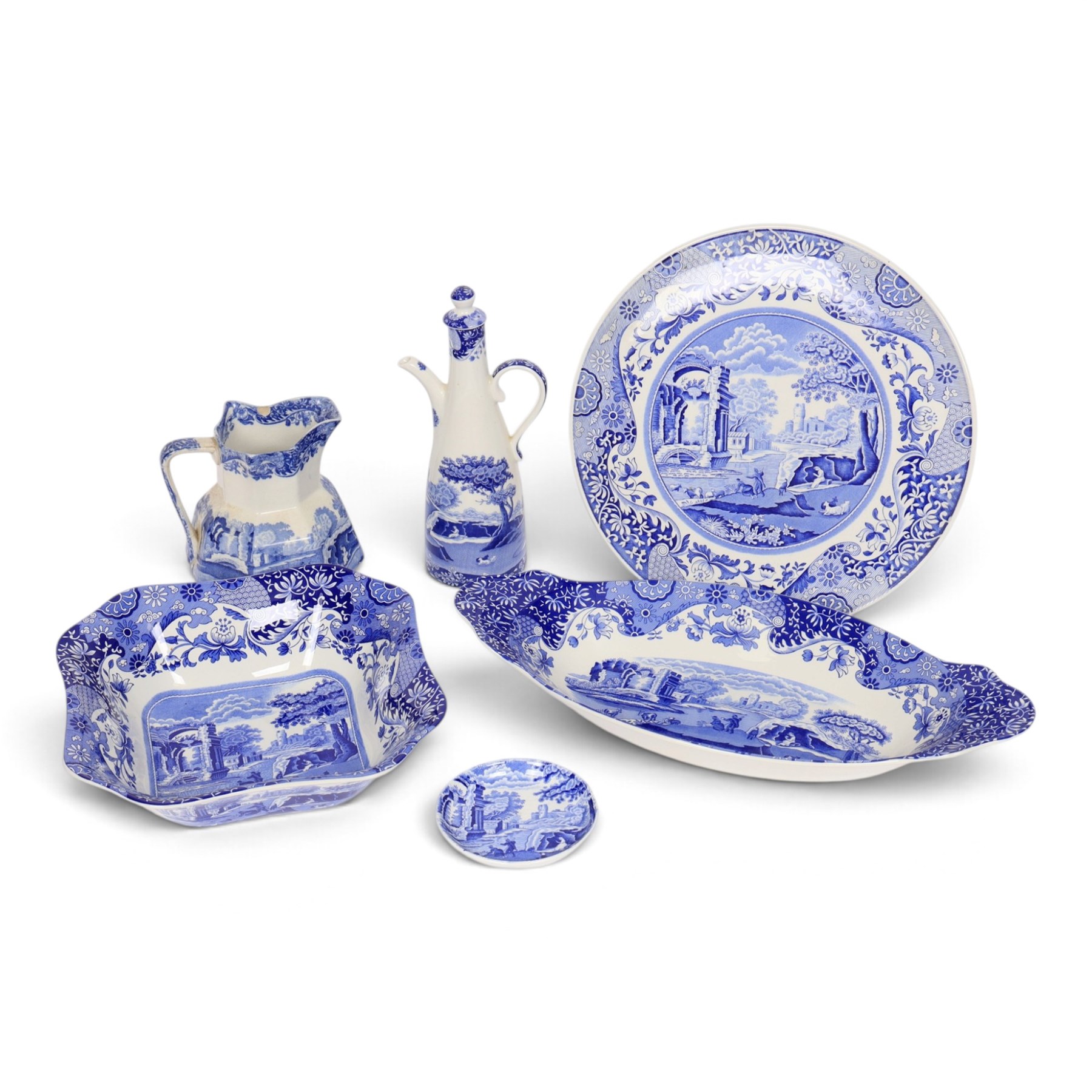 Spode Italian pattern dinnerware, including oil pot, two serving dishes, jug etc
