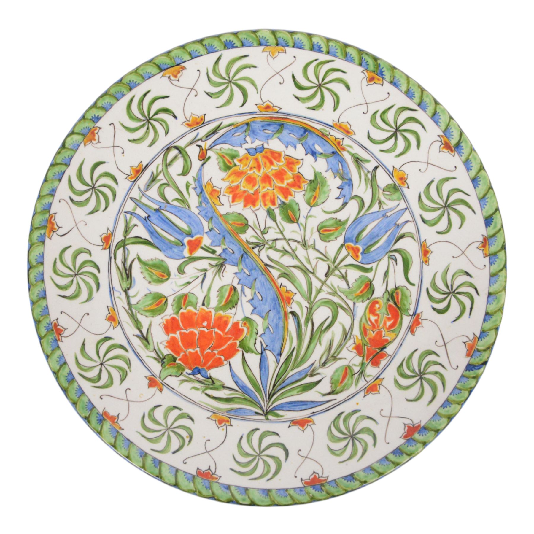 Iznik stlye plate, tin-glazed earthenware decorated with flowers and foliage, with impressed makers mark beneath, D25cm