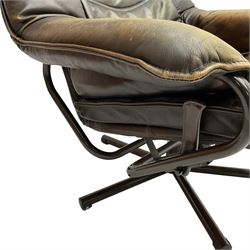 Skoghaug Industries - reclining swivel armchair upholstered in khaki brown leather 