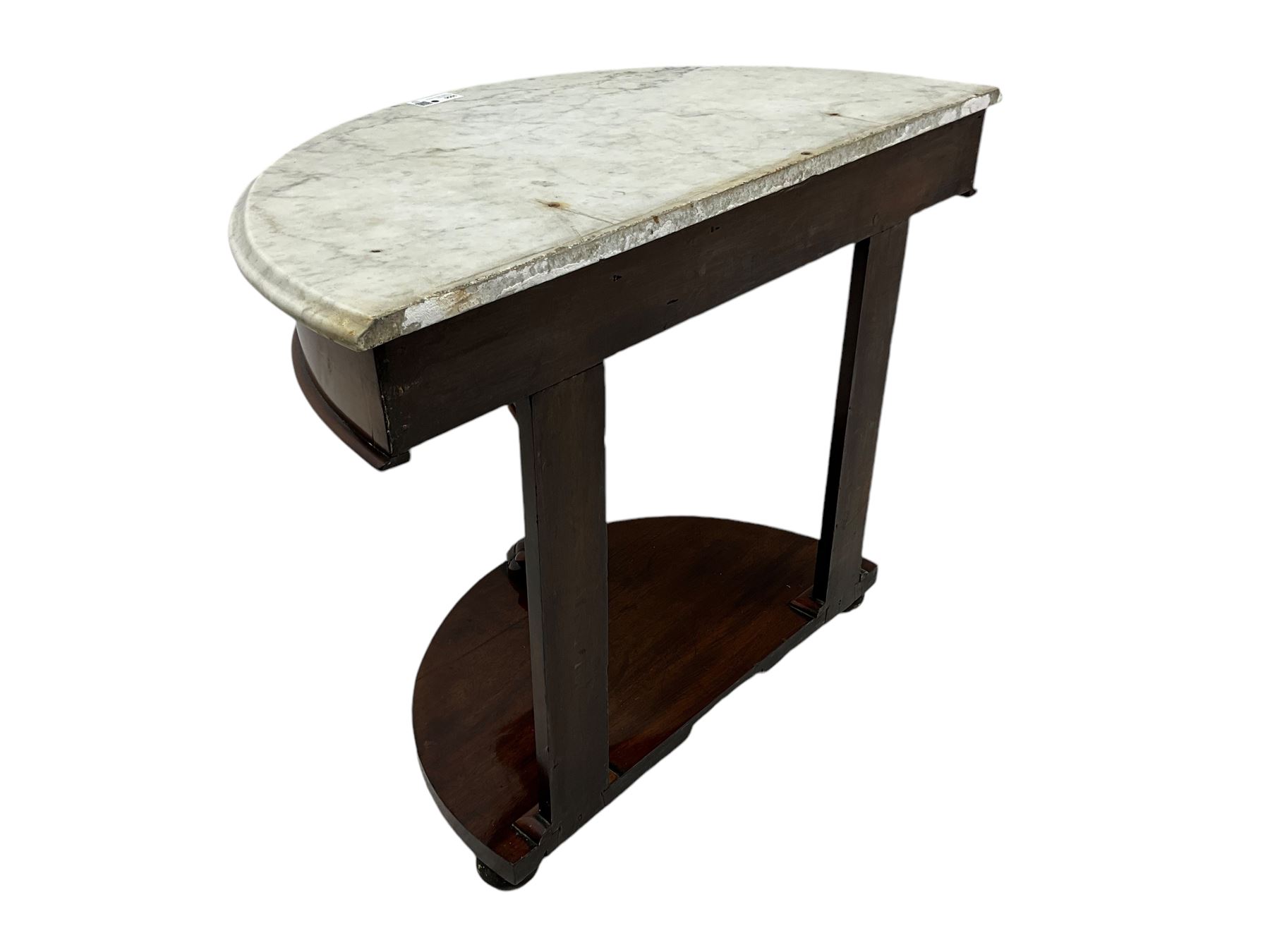 Victorian mahogany and marble demi-lune console table, moulded white and grey veined marble top, on cabriole support carved with paw, demi-lune undertier over compressed bun feet 