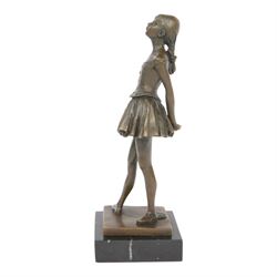 After Edgar Degas, Ballerina bronze figure modelled as a young female dancer, signed Deyas, raised upon a rectangular base, H20cm