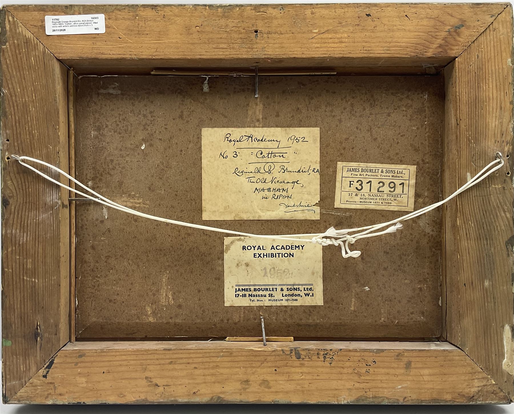 Reginald Grange Brundrit RA, ROI (British 1883-1960): 'Catton', oil on panel signed, titled verso with artist's address label 25cm x 35cm
Provenance: exh. Royal Academy 1952, Cat. No. 815, label verso