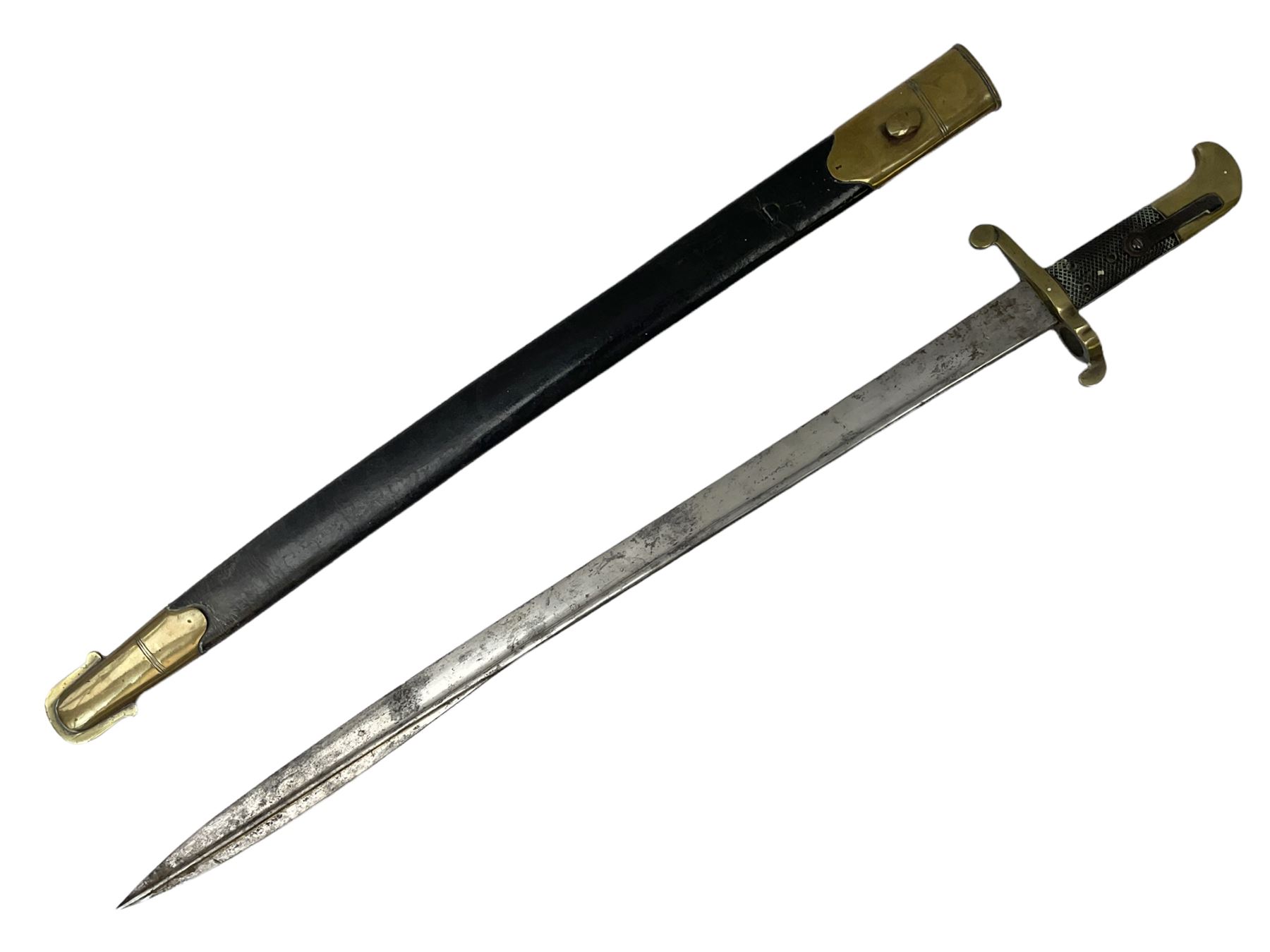 British 1855 pattern 'Sappers & Miners' Lancaster sword bayonet as issued to Medical Corps, the 62cm steel blade marked S&K with various numbers; in brass mounted leather scabbard numbered 1176