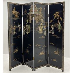 Japanese black lacquered four panel screen, with shibayama type decoration 