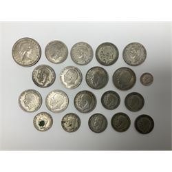 Approximately 160 grams of Great British pre 1947 silver coins, Queen Elizabeth II Canada 1958 dollar and King George V 1920 five cents coin